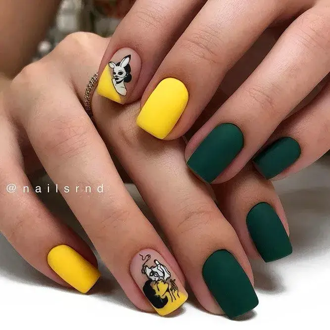 Beautiful Sticker Nail Art With Emerald Green And Yellow