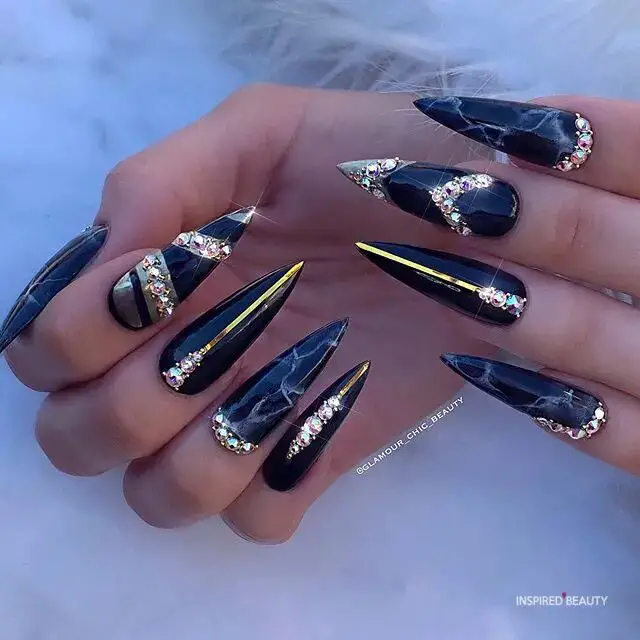 Black Stiletto Marble Nails