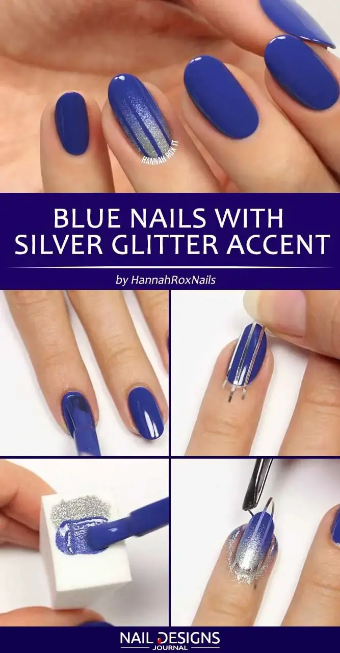 Blue Nails With Silver Glitter Accent