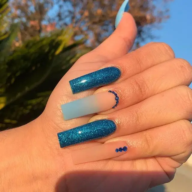 Blue, Nude Nails With Sapphire Accents