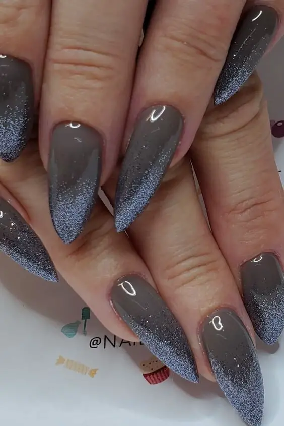 Dark Gray Stiletto Nails With Sparkly Gold