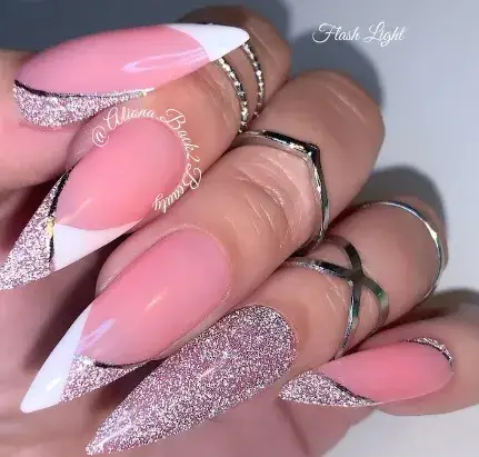 Elegant Pink Nails With Silver Glitter