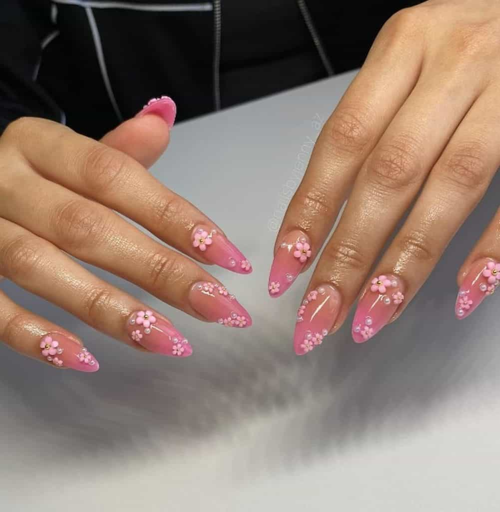 Glazed Pink Nails With 3D Flowers And Pearls