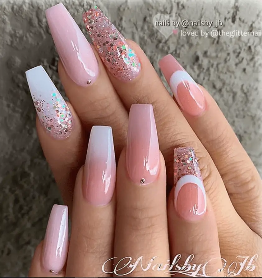 Light Pink Coffin Nails With Glitter