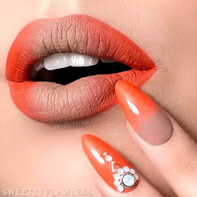 Matching Orange Ombre Lipstick With Nail Polish