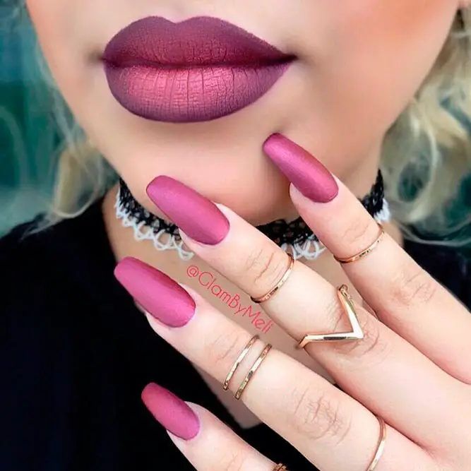 Metallic Redviolet Lipsticks And Nail Polish