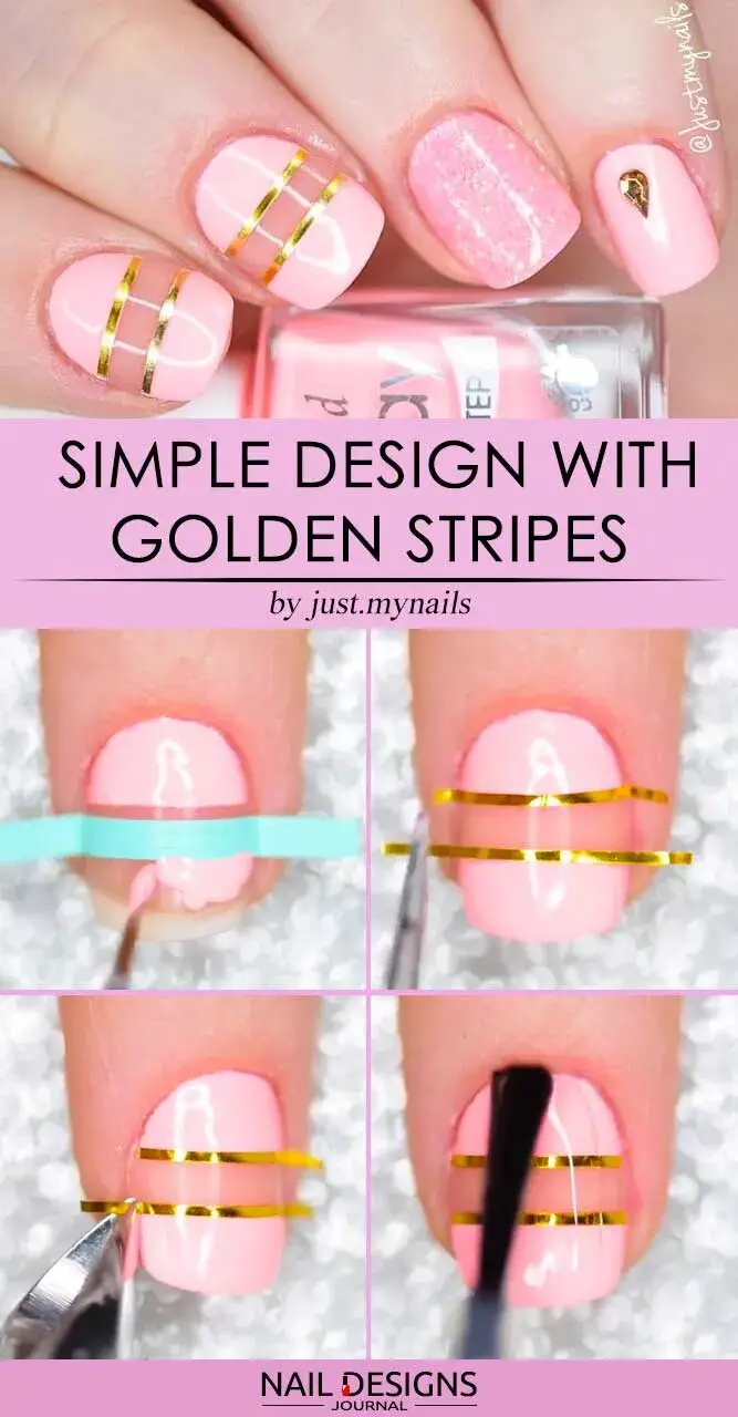 Nails Design With Golden Stripes