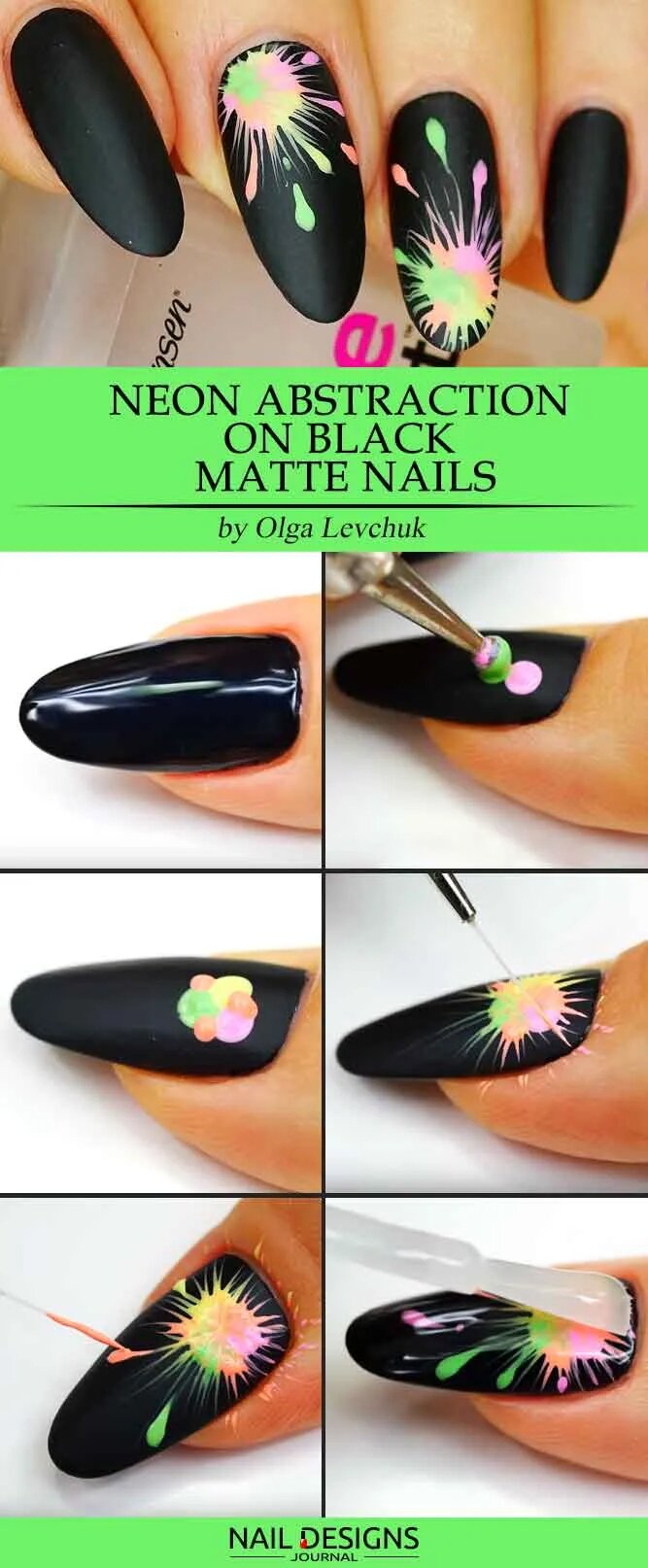 Neon Abstract On Black Matte Nails