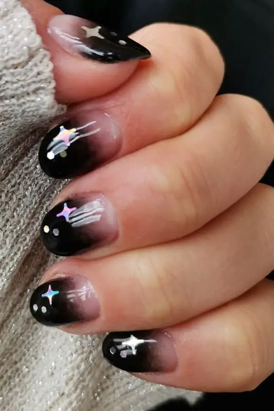 Nude To Black Gradient Nails With Sparkles