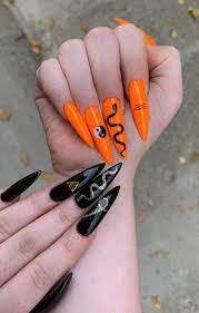 Orange Nail With Painted Snake Art