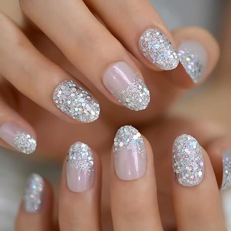 Pink Silver Glitter Nails