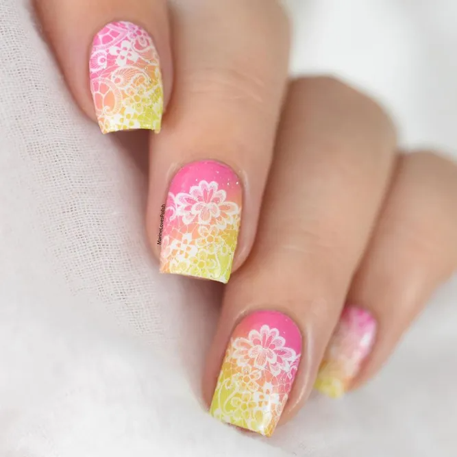 Pink And Yellow Ombre Mani With Stamping