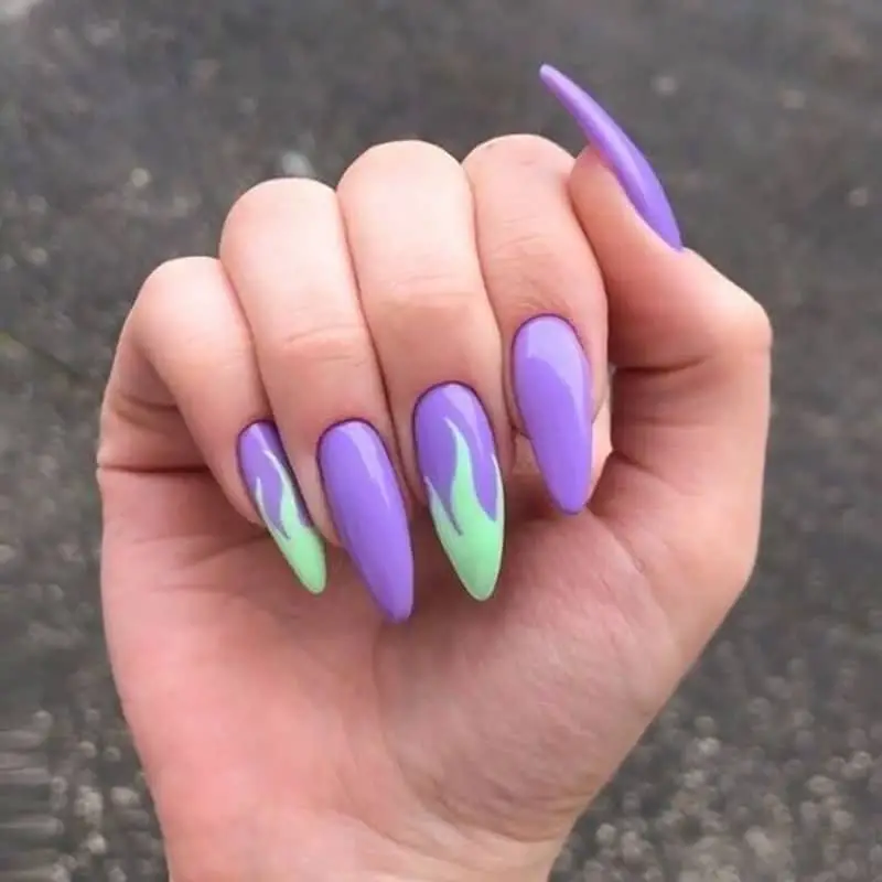 Purple And Mint Flame Nails