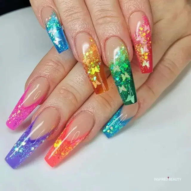 Rainbow Nails With Butterfly Decals