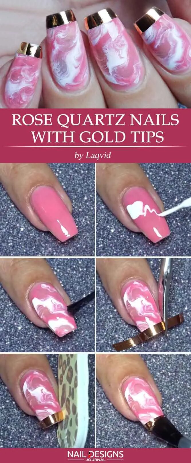 Rose Quartz Nails With Gold Tips