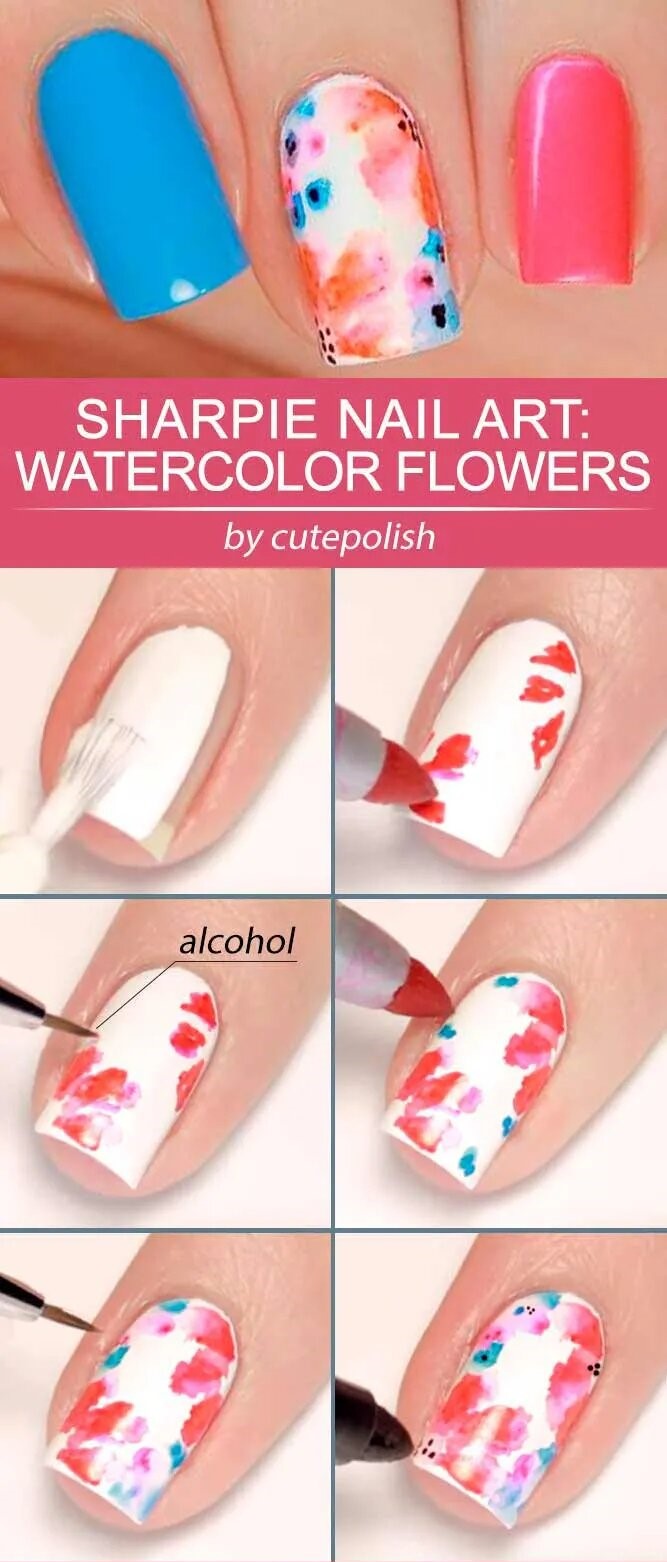 Sharpie Nail Art Ideas: Tender Watercolor Flowers