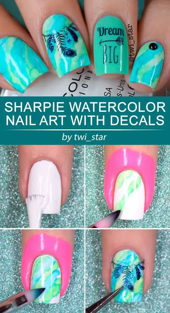 Sharpie Watercolor Nail Art With Decals