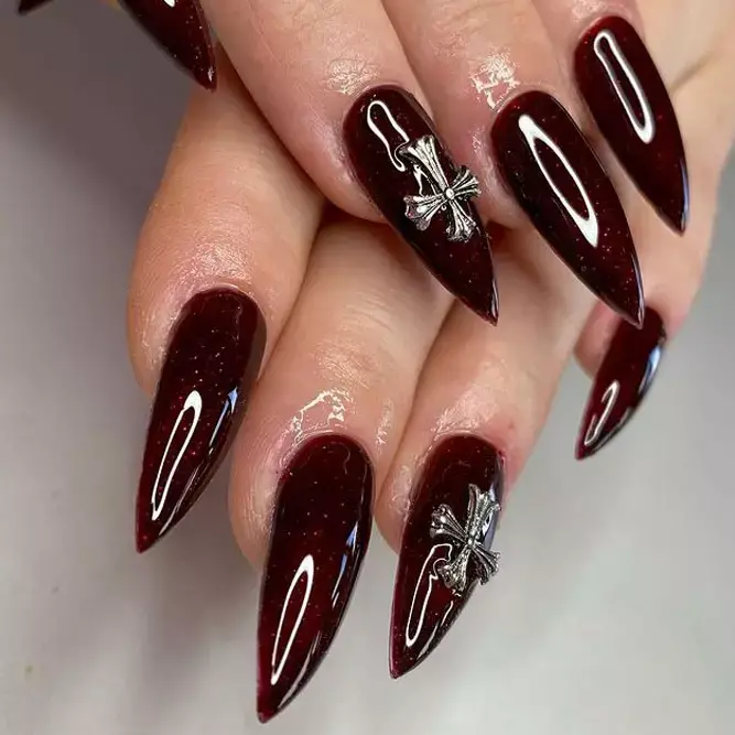 Shimmery Burgundy Stiletto Nails