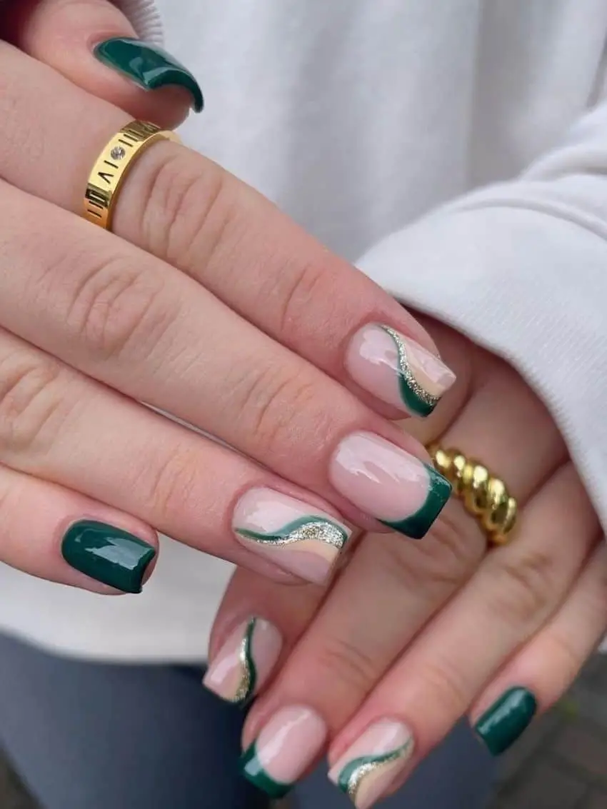 Square Green + Nude Nails With Gold Highlights