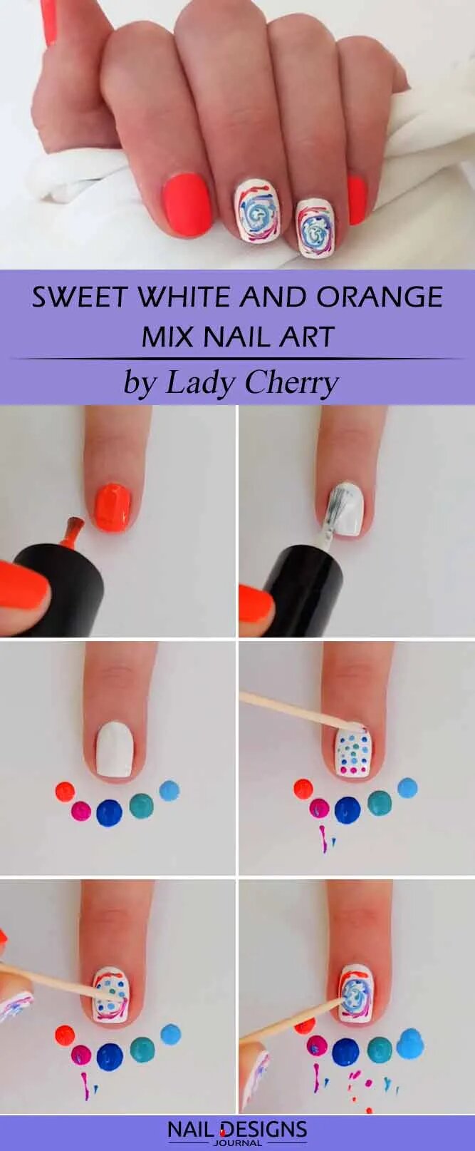 Sweet White And Orange Nails Art