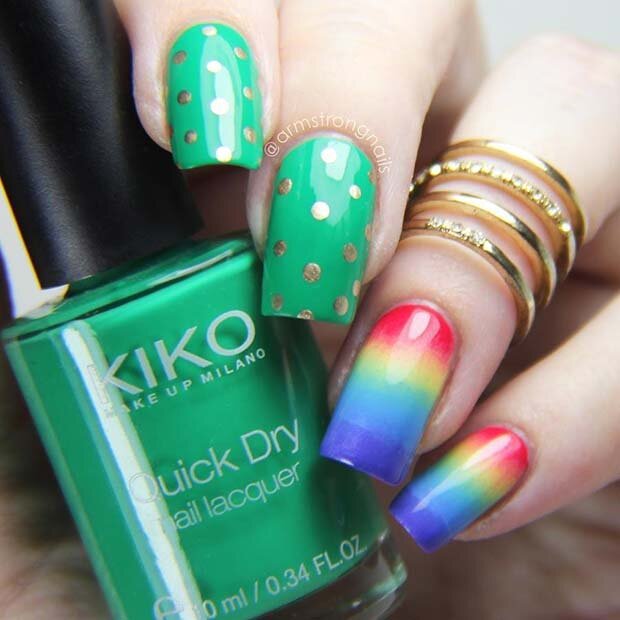 Vibrant Green And Rainbow Nails