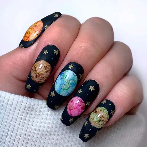 Black Nails With Stars And Planets