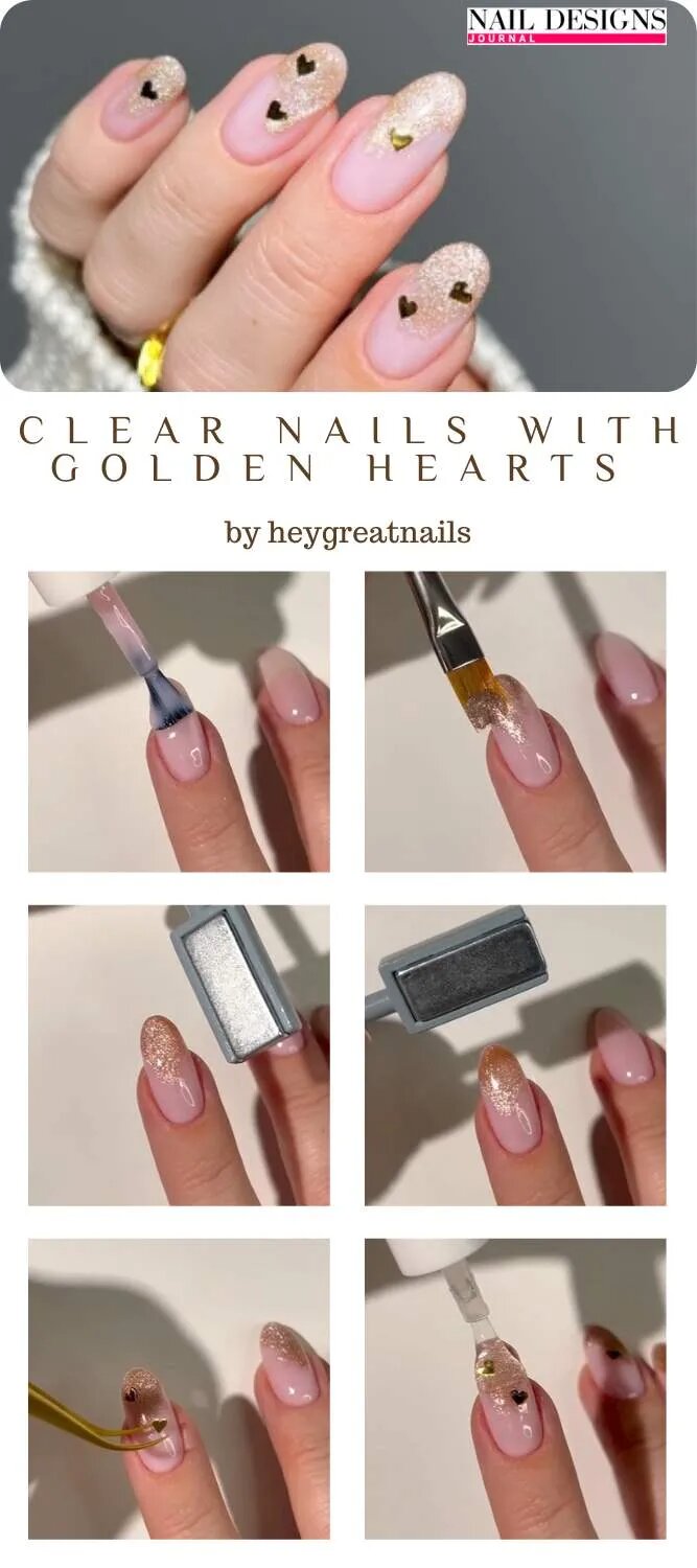 Clear Nails With Golden Hearts