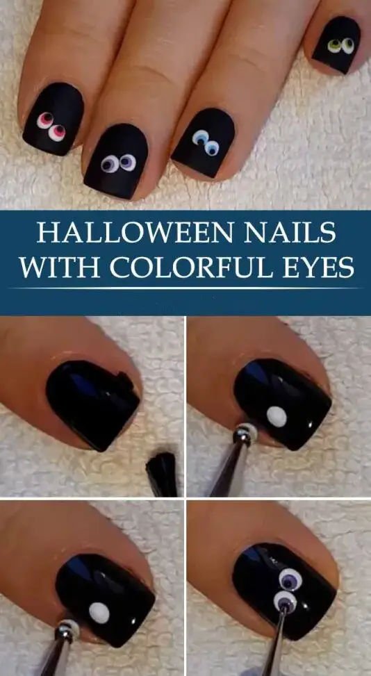 Easy Halloween Nails With Colorful Eyes