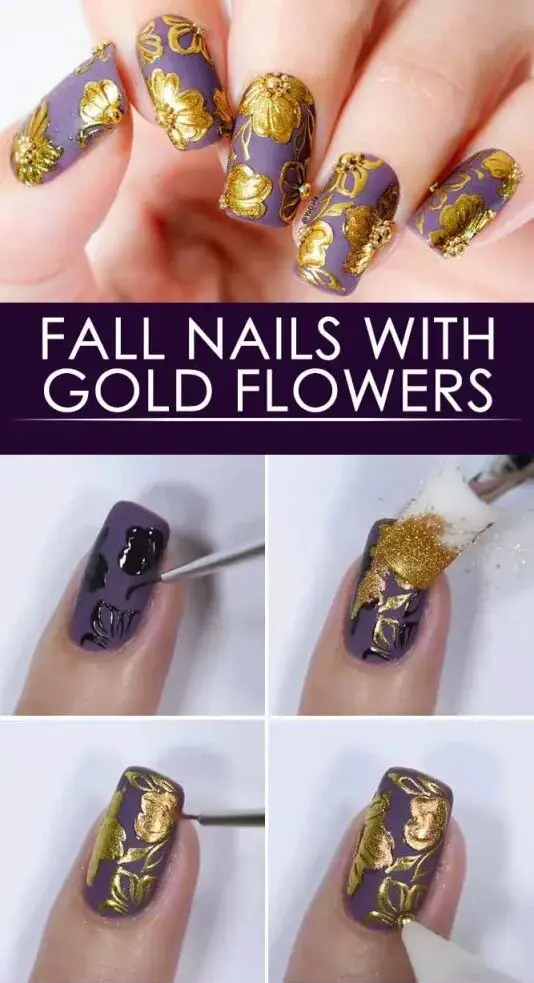 Fall Nail Ideas With Gold Flowers