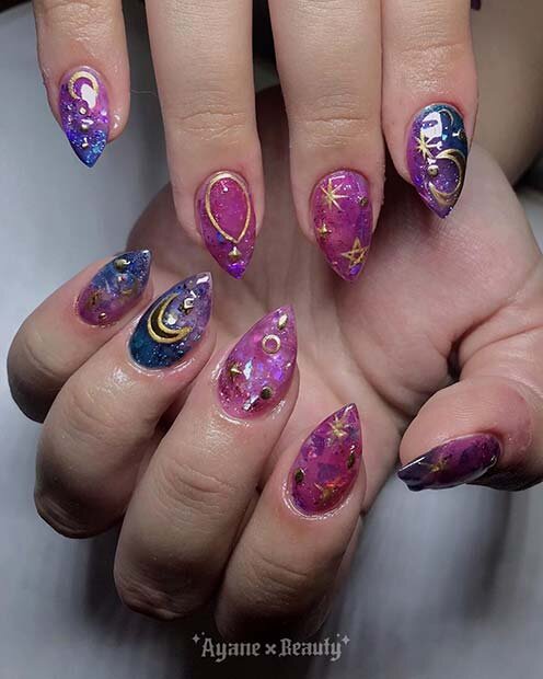 Galaxy Nails With Moons And Stars