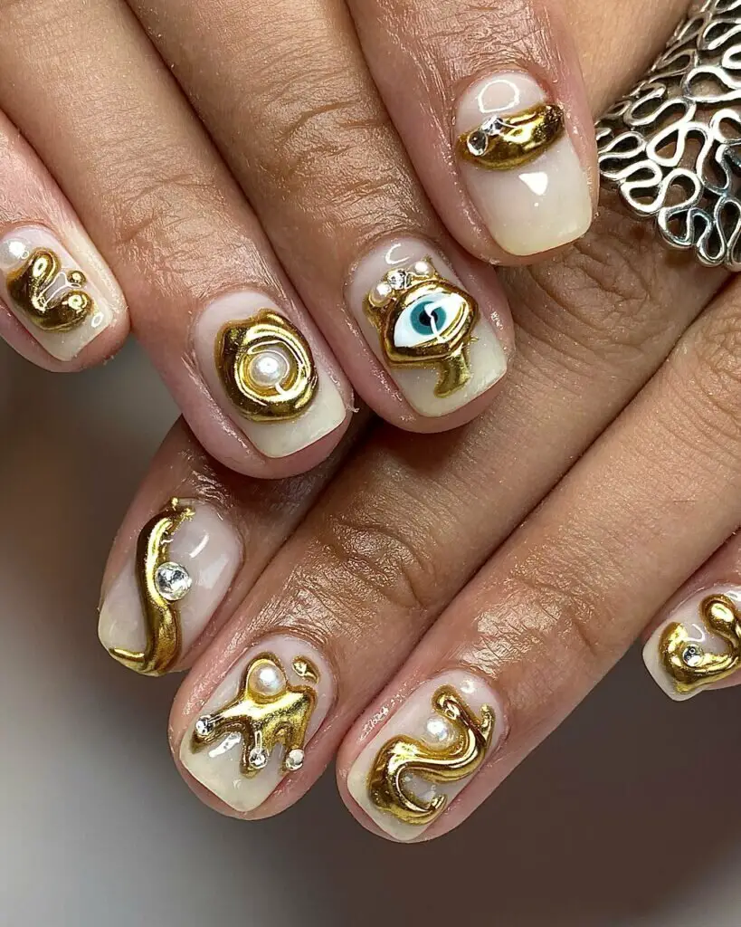 Golden Dimension Nails With 3D Gold Accents