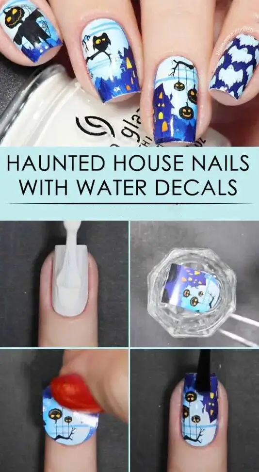 Haunted House Easy Halloween Nails With Water Decals