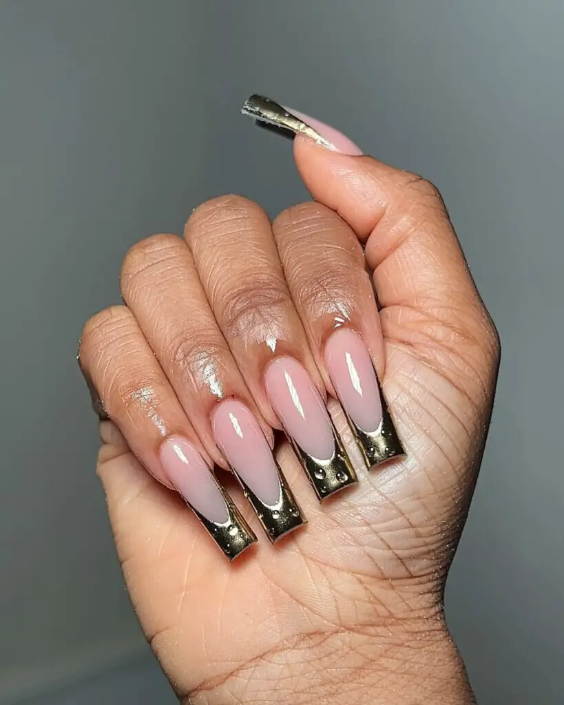 Long Acrylic Nails With Gold French Tips