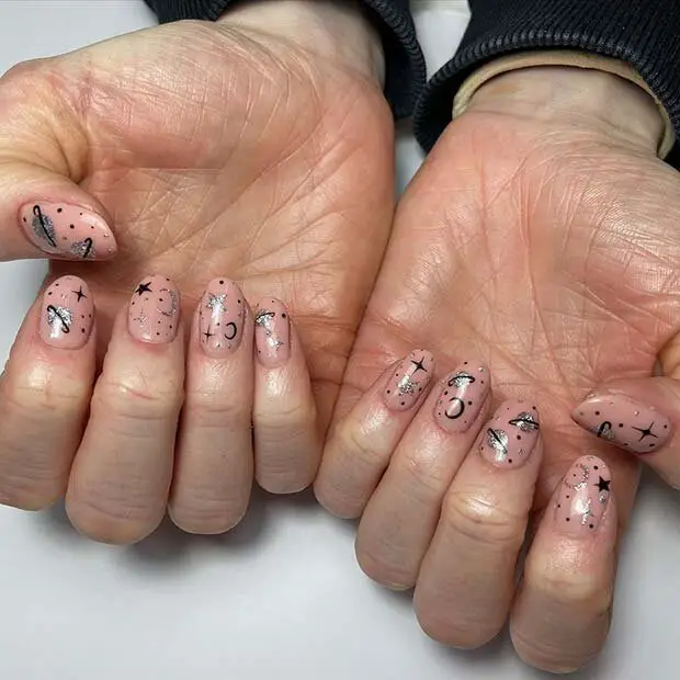 Nude Nails With Stars And Planets