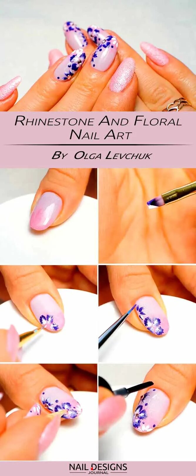 Rhinestone And Floral Nail Art