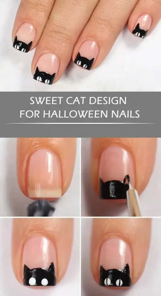 Sweet Cat Design For Halloween Nails