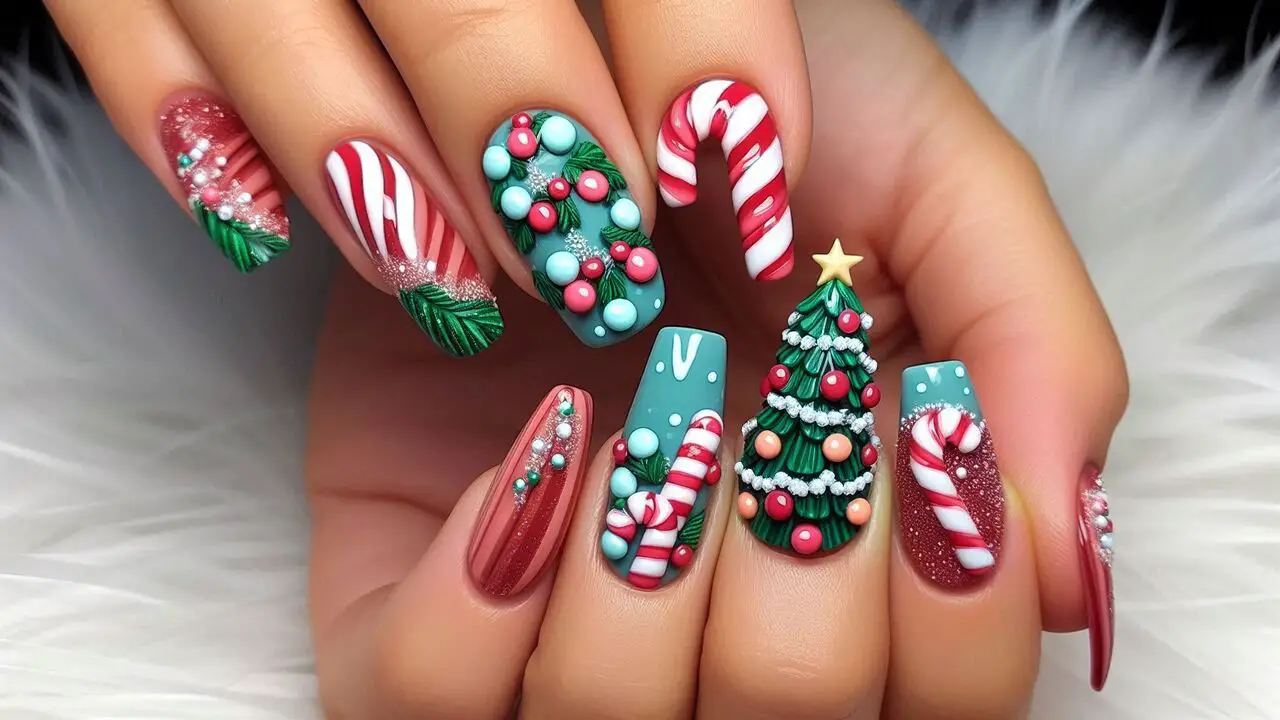 Candy Cane And Christmas Tree 3D Nail Art Combo