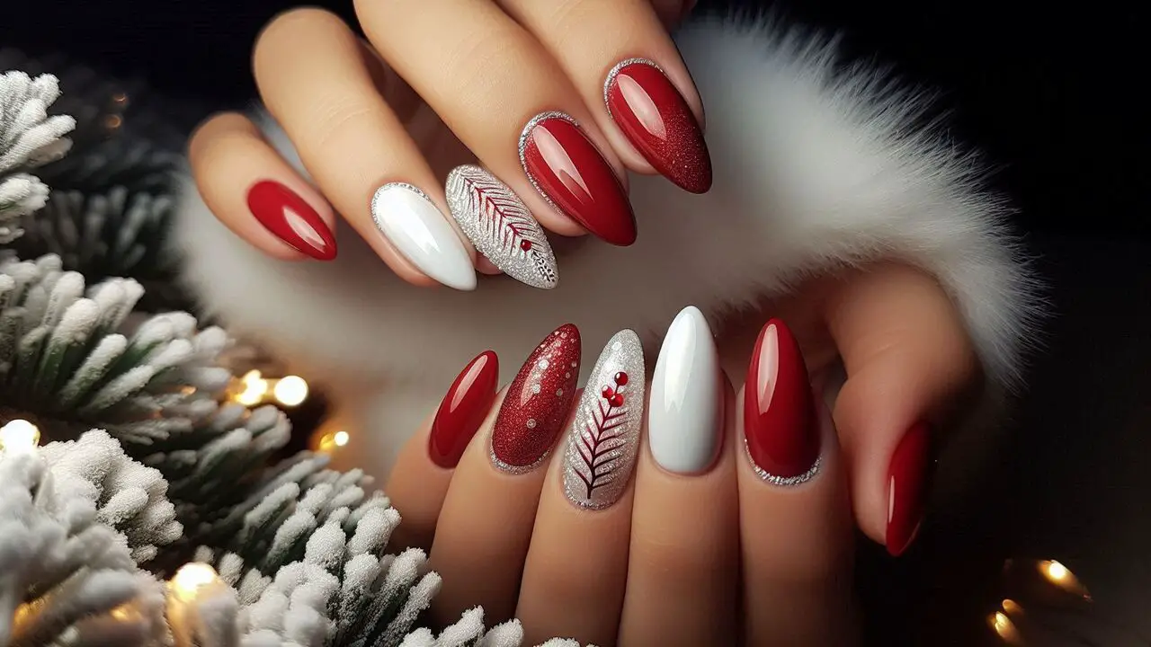 Elegant Red And White Christmas Nails