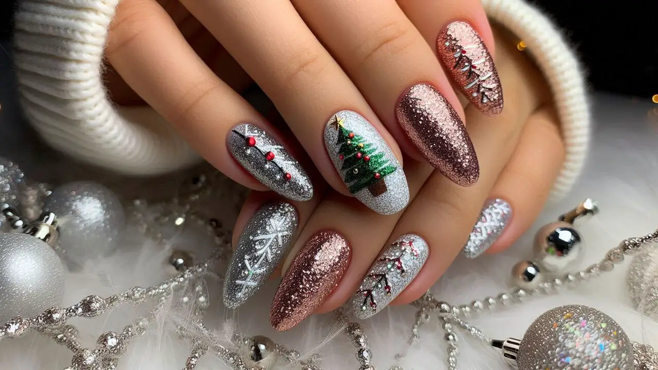 Glittery Christmas Tree Accent Nails