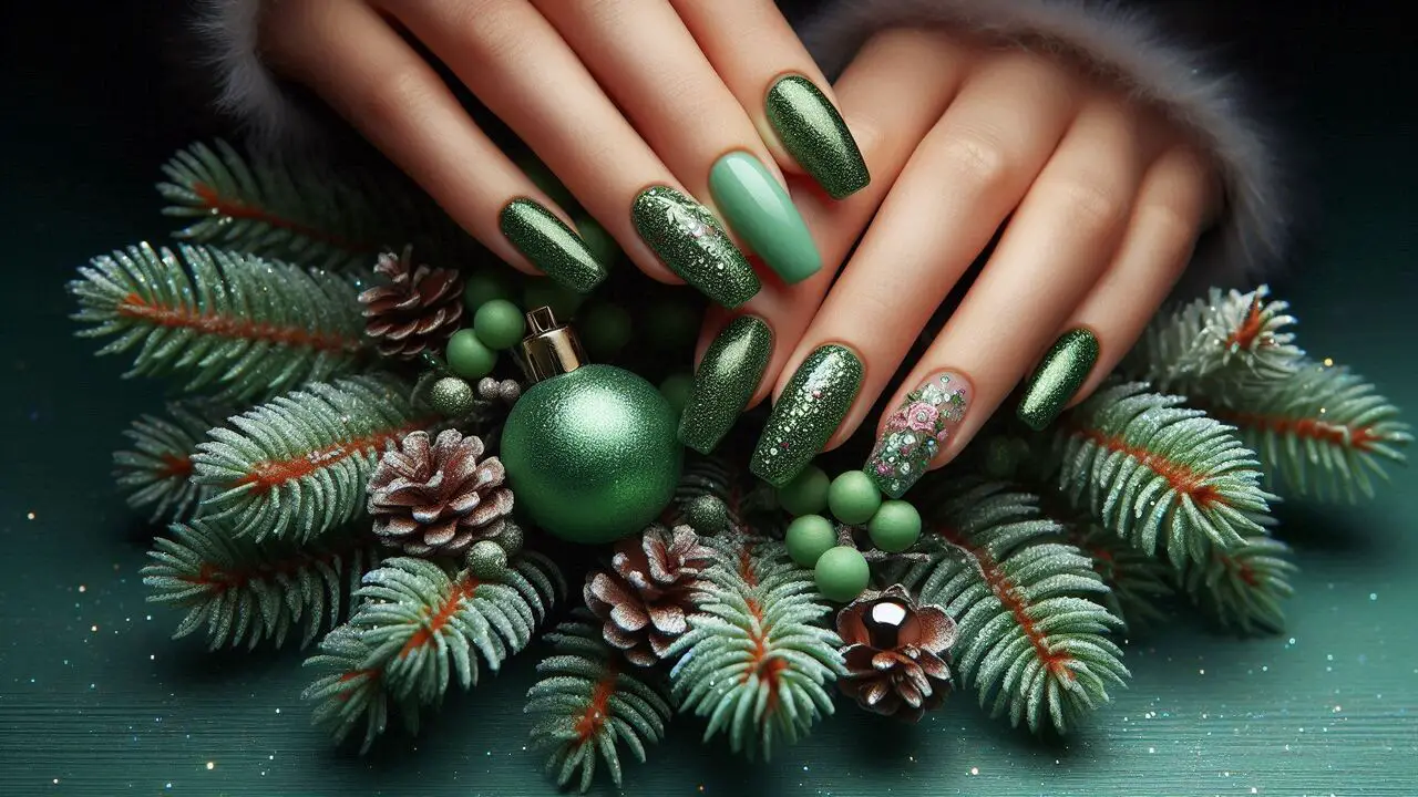 Green Christmas Nails With Glitter And Glamour