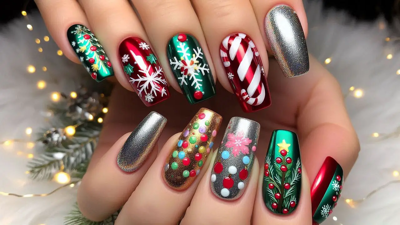 Holiday Nails With Chrome Effects