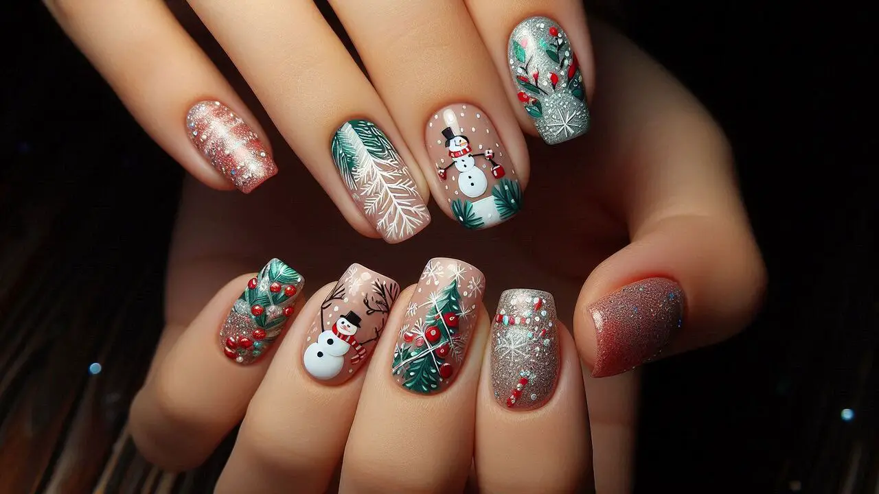 Short Nails With Festive Christmas Art