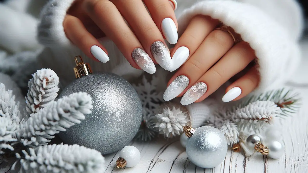 White Christmas Nails With A Touch Of Sparkle