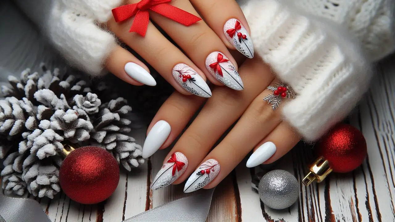 White Christmas Nails With Red Accents