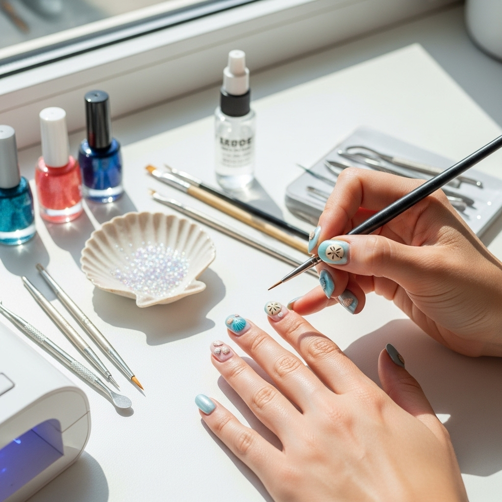 Generate an eye-catching, high-quality featured image prompt for a blog post about: Seashell Nail De