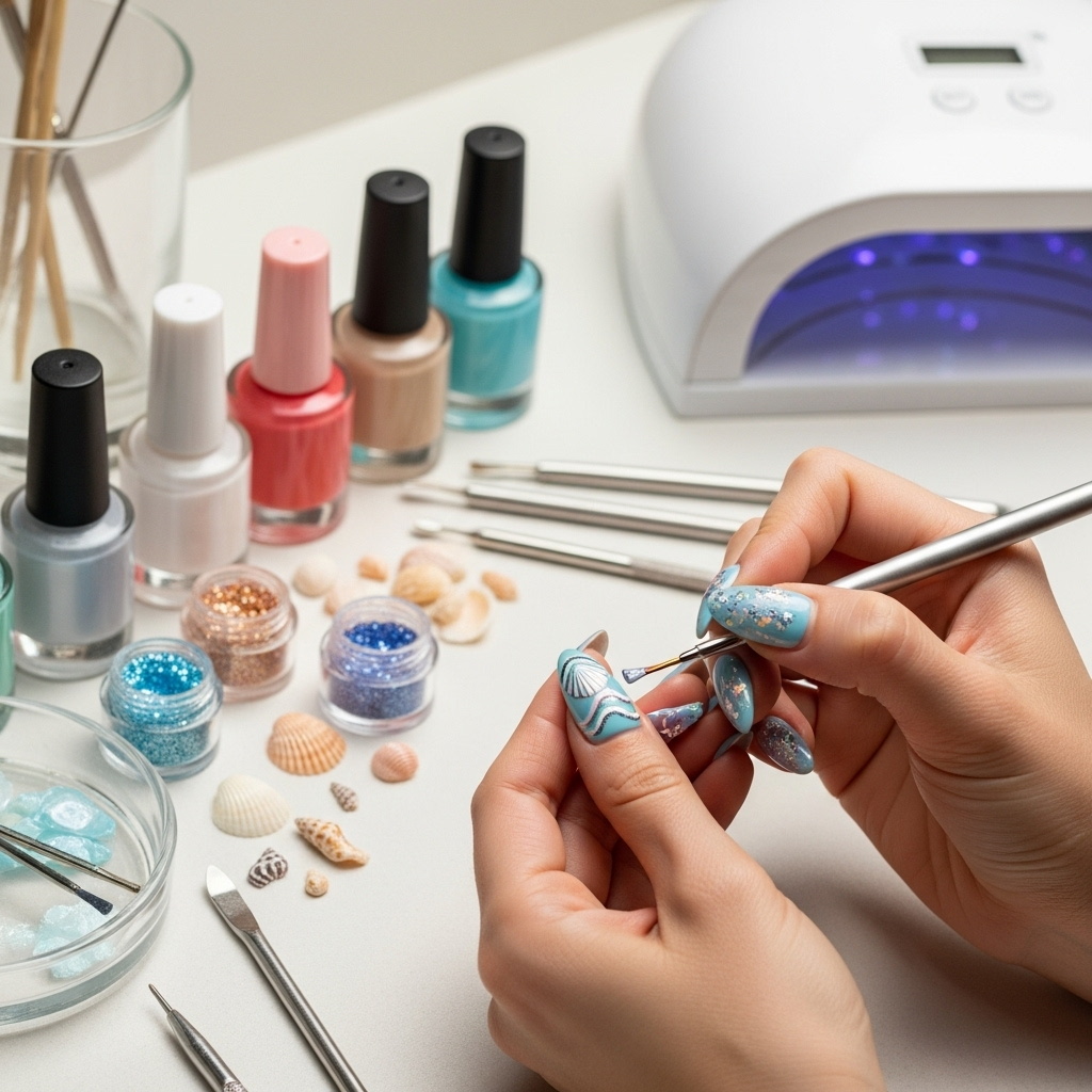 Generate an eye-catching, high-quality featured image prompt for a blog post about: Seashell Nail De