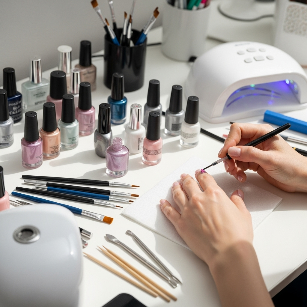 Generate an eye-catching, high-quality featured image prompt for a blog post about: Self Care Nail D