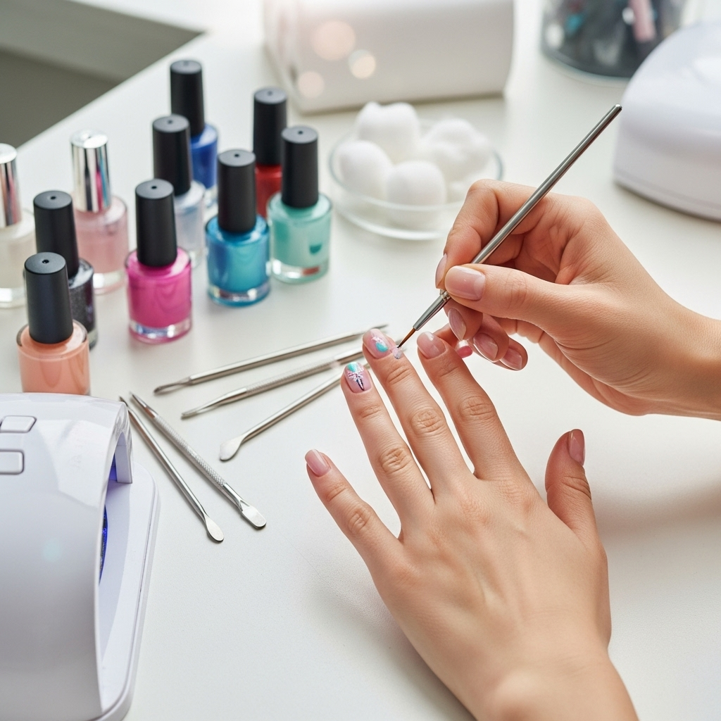 Generate an eye-catching, high-quality featured image prompt for a blog post about: Self Care Nail D