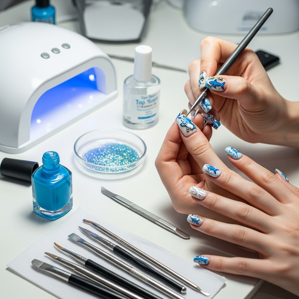 Generate an eye-catching, high-quality featured image prompt for a blog post about: Shark Nail Desig