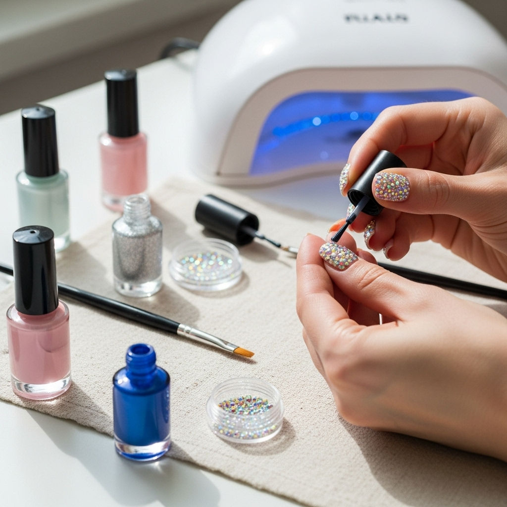 Generate an eye-catching, high-quality featured image prompt for a blog post about: Crystal Nail Des